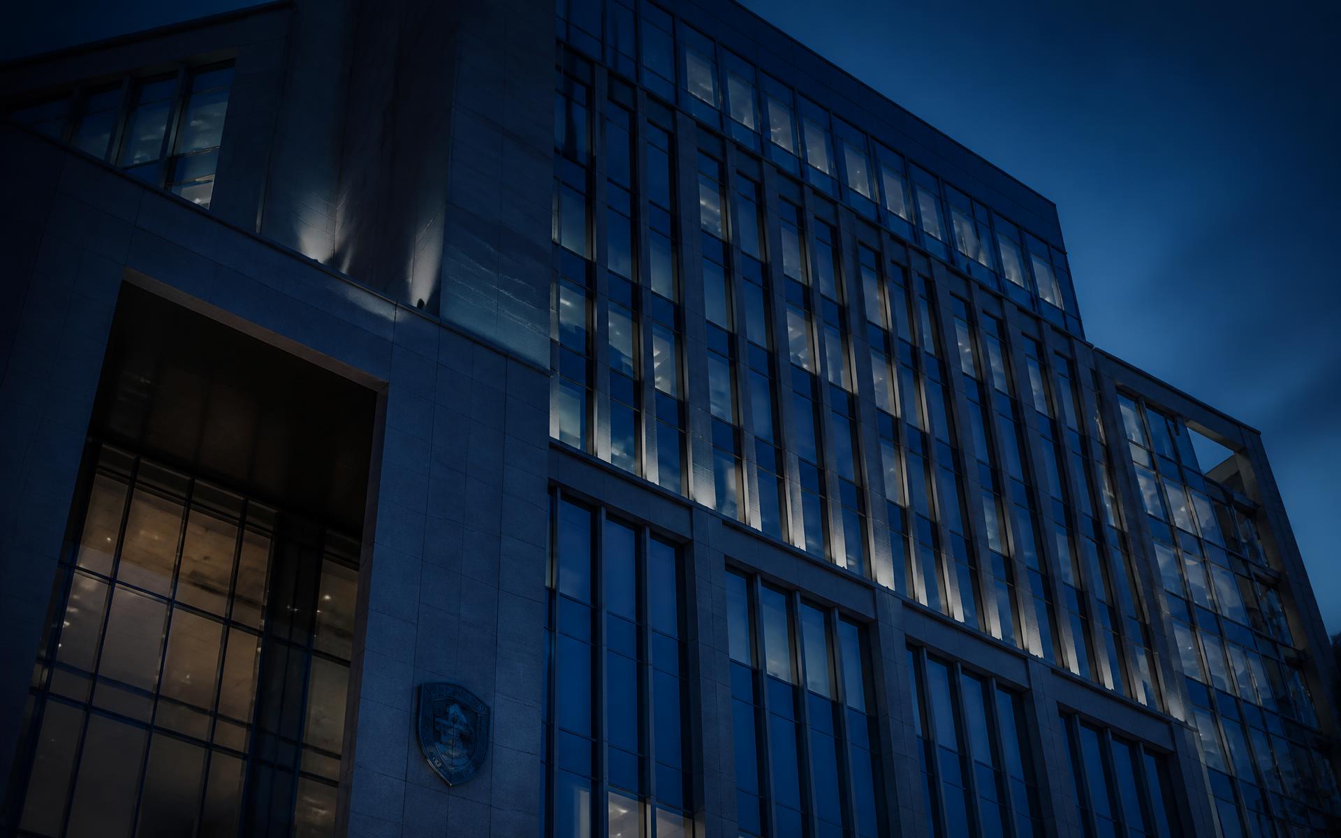 Institutional office tower at dusk
